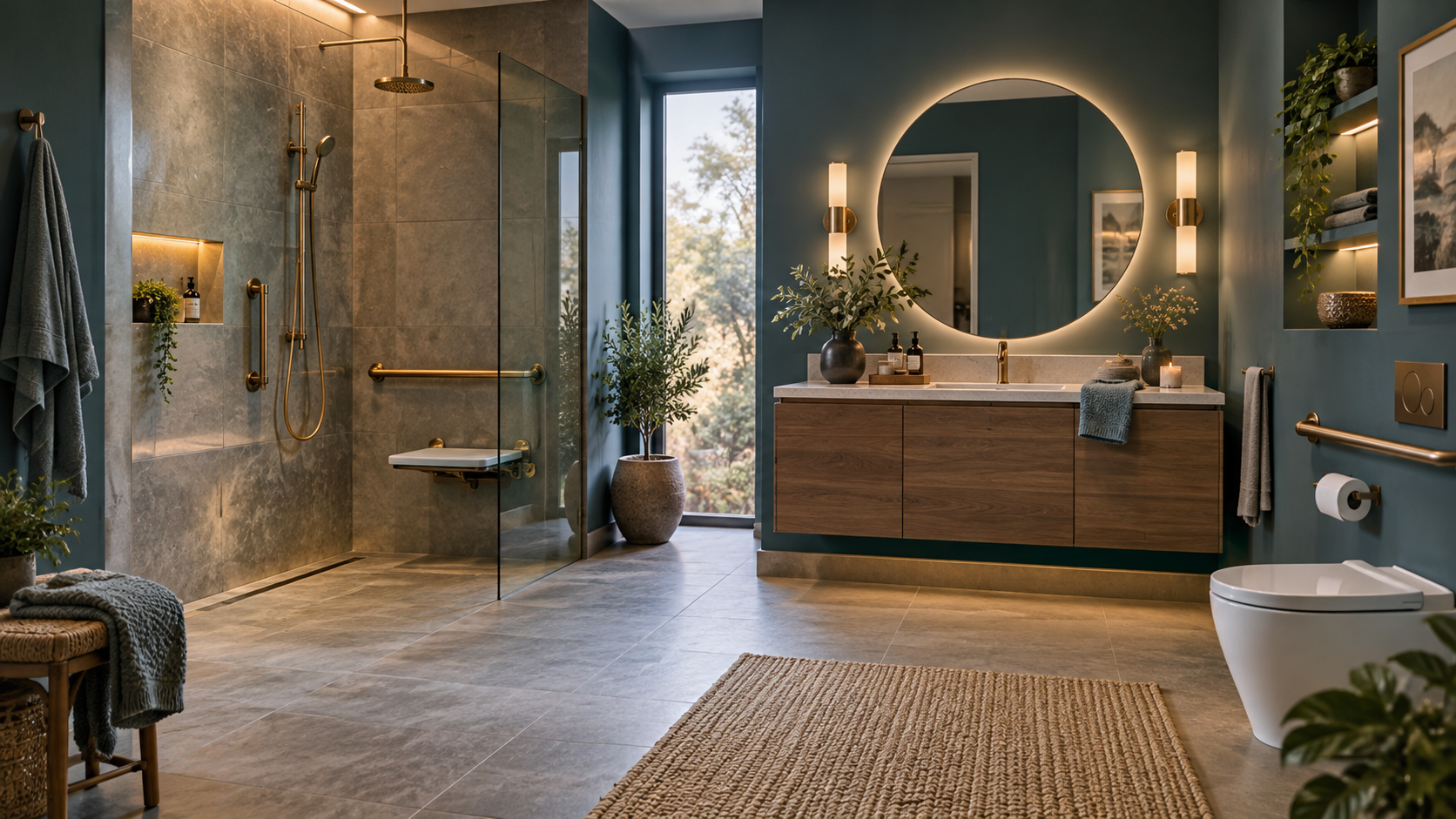 Contemporary accessible bathroom with level access shower, integrated grab rails and shower seating