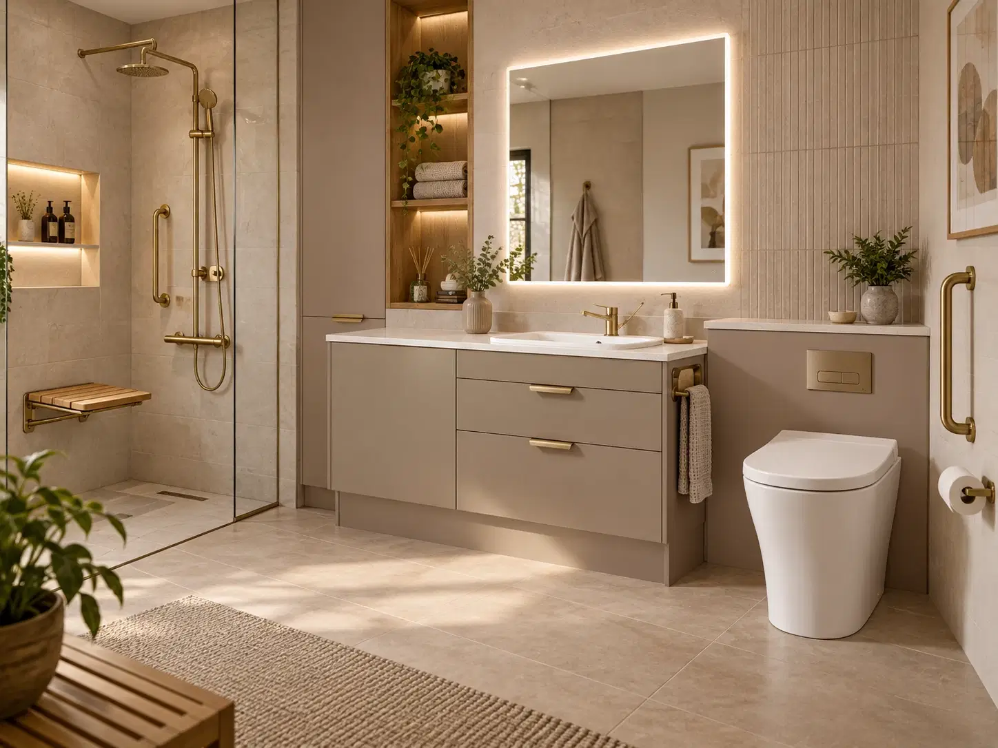 Stylish contemporary bathroom with comfort height toilet, accessible basin and discreet support fittings