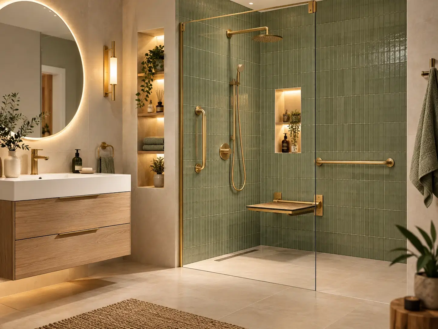 High-end shower with integrated grab rails and fold-down shower seat