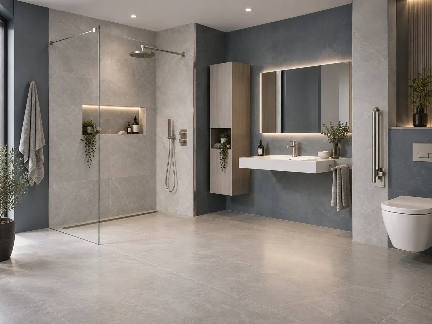 Contemporary mobility wet room with open showering space and level tiled flooring